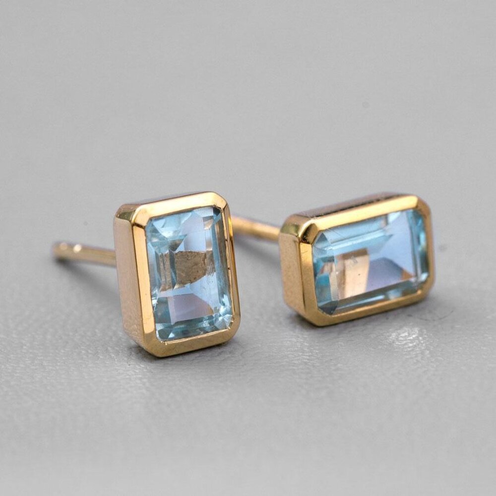 Blue Topaz Stud Earrings 14K Yellow Gold Emerald Cut